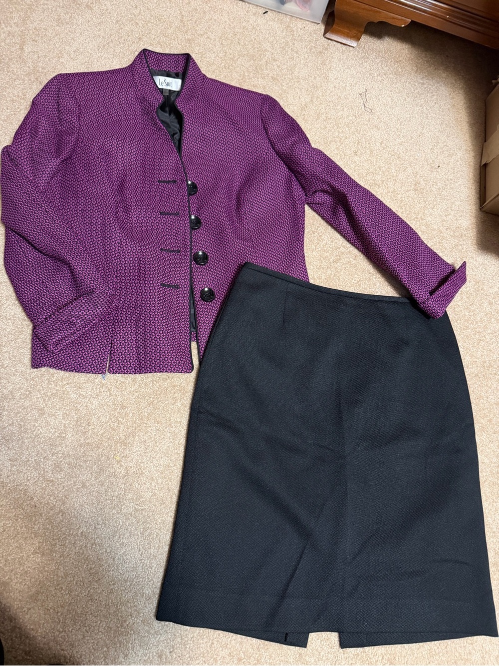 vintage Le Suit purple and black 2-piece skirt suit.